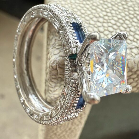 Large Princess Cut CZ Ring with Blue Accent Stones – Size 8 Bold Glam Look - Picture 13 of 17